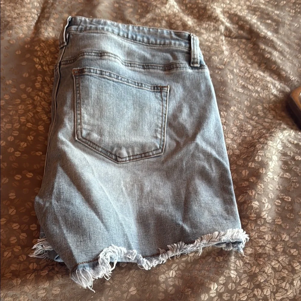 Blue Distressed Jean Shorts with Frayed Hem - Picture 3 of 6